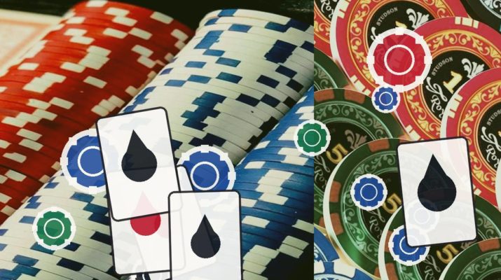 Stacks of red, blue, and green poker chips with scattered playing cards on a casino table.