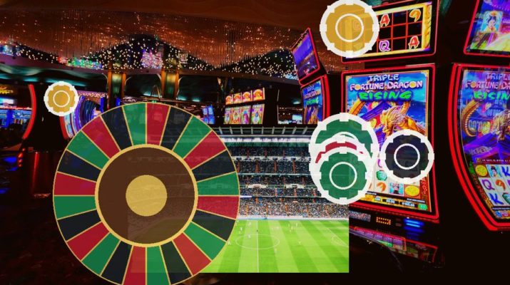 Inside a casino with a large roulette wheel in the foreground, bright slot machines, and festive string lights in the background.