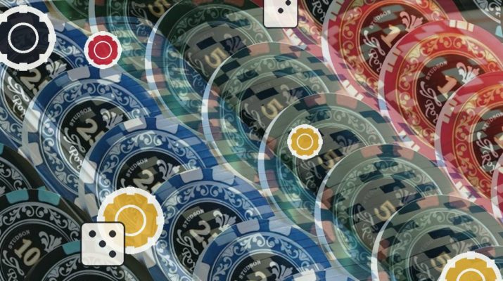 Pile of colorful poker chips overlapping, with white dice icons layered on top (casino-themed background).