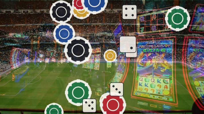 Stadium interior with a gambling theme overlay—poker chips and dice spread across the scene.