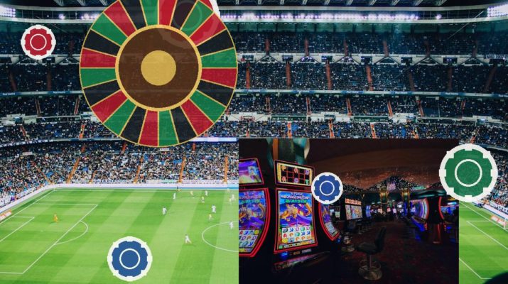 Soccer stadium overlaid with a large colorful roulette wheel and casino slot machines inset, suggesting sports betting theme