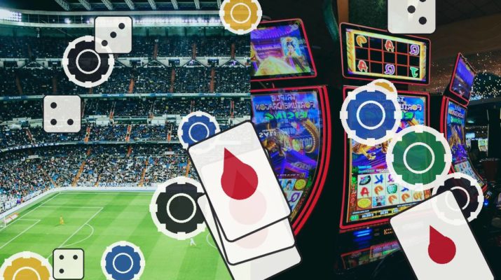 Stadium scene blended with casino icons—dice, poker chips, playing cards, and mobile screens—signaling sports betting or casino gaming.