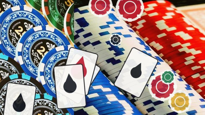 Colorful poker chips in blue, green, and red with scattered playing cards showing spade and heart suits—gambling scene.