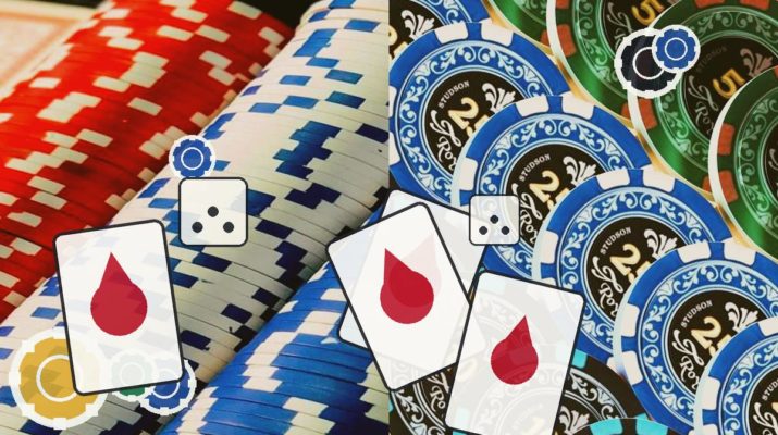 Collage of poker chips and playing cards with red teardrop logos, representing gambling.